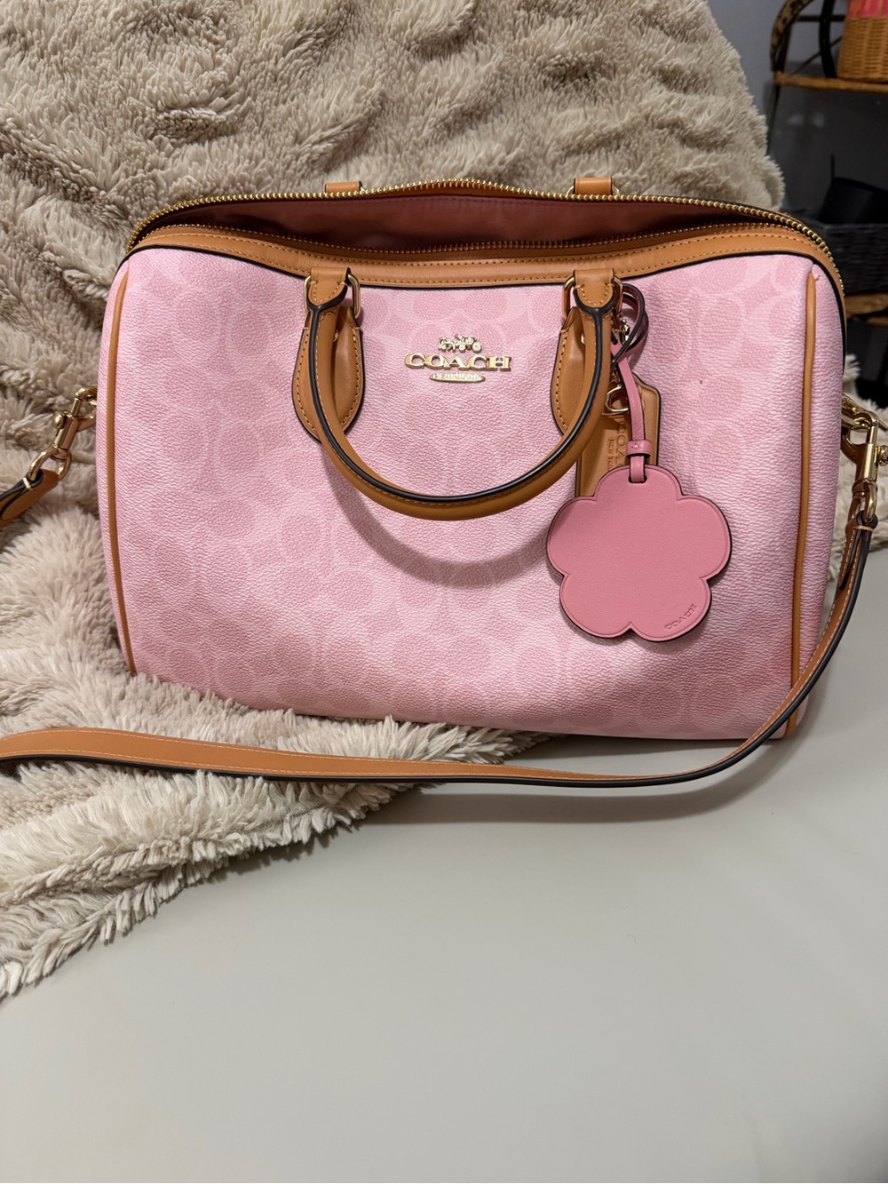 Coach Powder Pink Large Rowan with Tan Trim and Flower Charm EUC